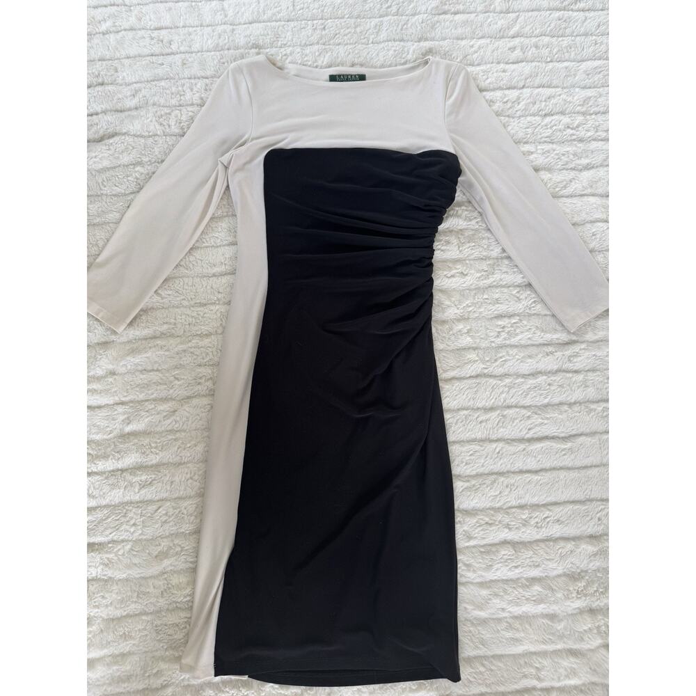 Lauren Ralph Lauren 4P Sheath Dress Black White Colorblock Long Sleeve